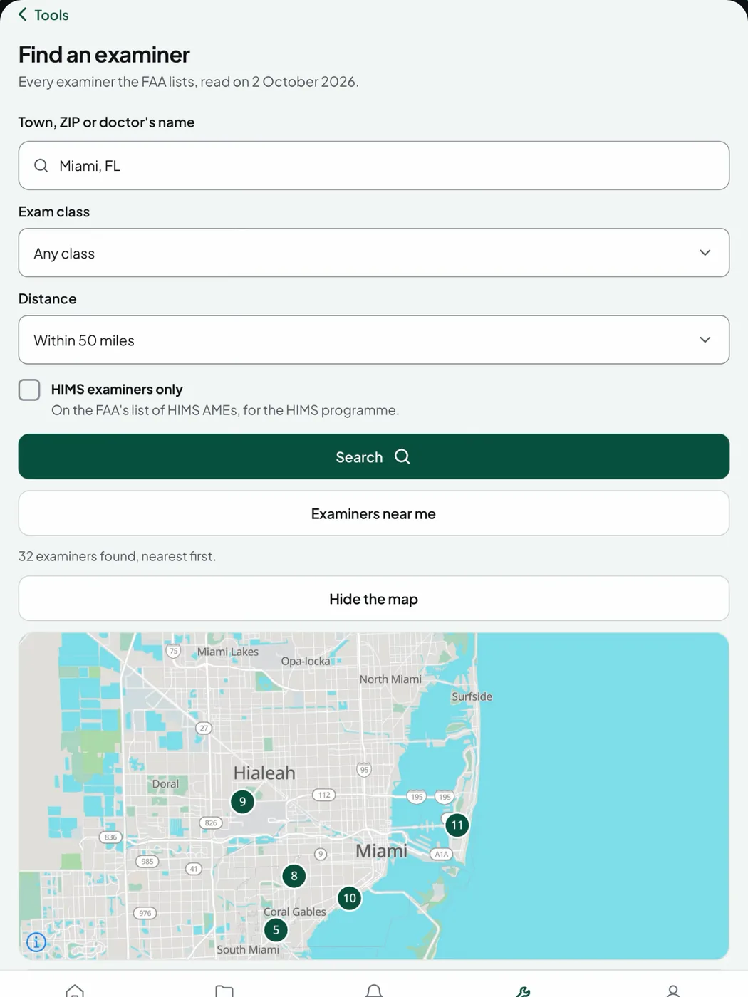 Crosscheck on iPad: Find an examiner, searching near Miami, with the examiners found shown as pins on a map.