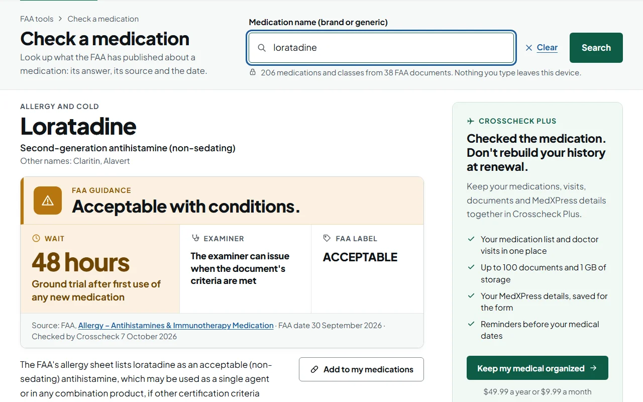 Check a medication: loratadine typed into the search box. The answer reads FAA guidance: Acceptable with conditions, with the FAA's own words beside it, and the source and dates under it.