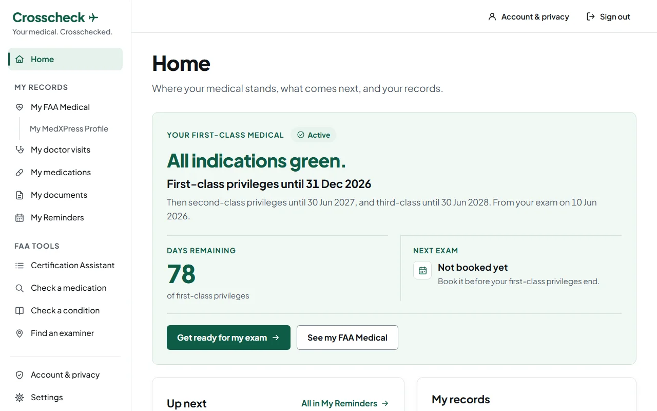 Crosscheck's home screen with a made-up first-class medical: active, with the date first-class privileges end and the days left, then the dates second-class and third-class privileges end.