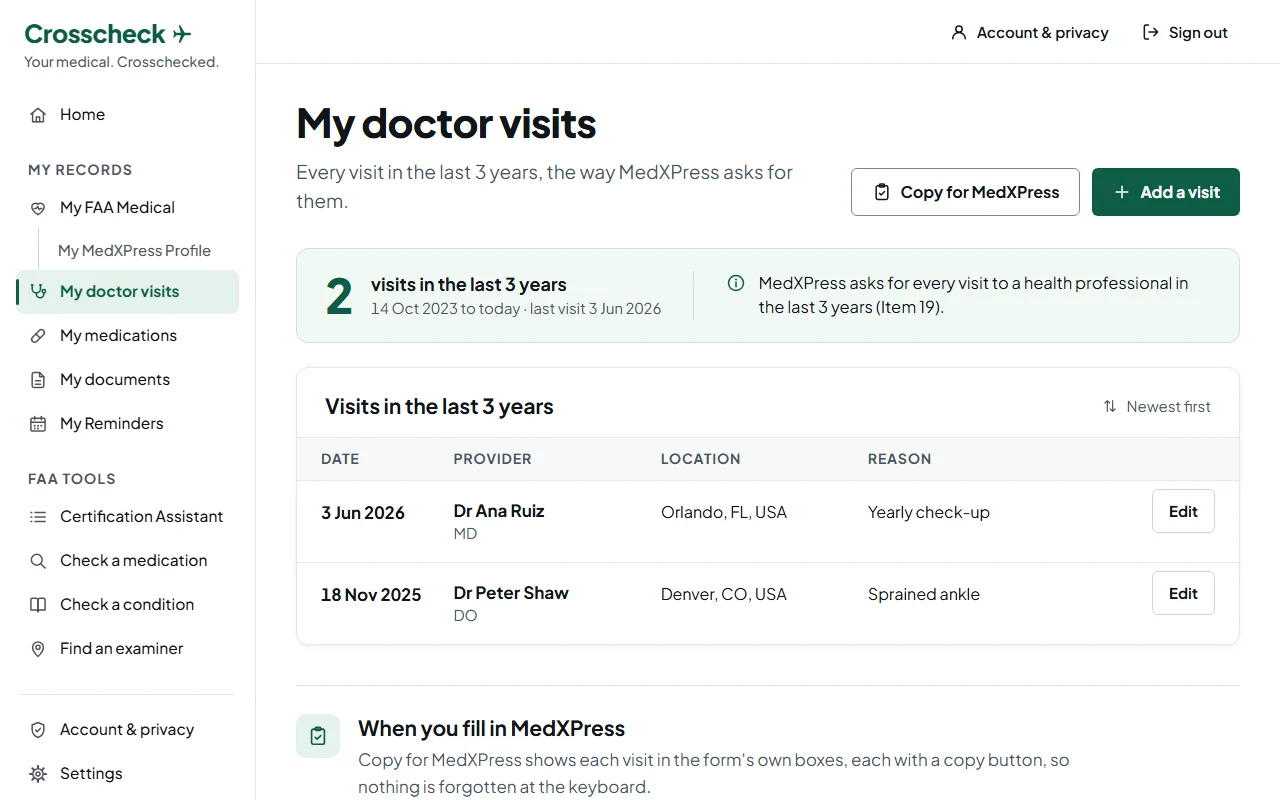 My doctor visits: two made-up visits in the last three years, each with the doctor, the place, the reason and the date, with Add a visit and Copy for MedXPress.