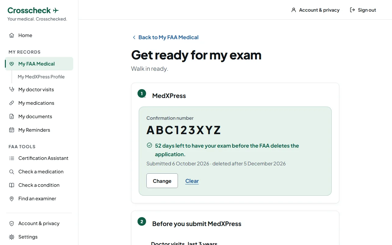 Get ready for my exam: a made-up MedXPress confirmation number, with 52 days left to have the exam before the FAA deletes the application, then the checks to make before submitting.