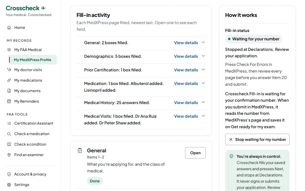 After the run: Fill-in activity lists each MedXPress page filled, General to Medical Visits, and the card says it stopped at Declarations for the pilot to review.