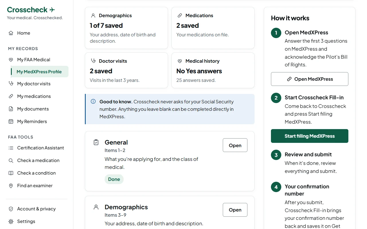 My MedXPress Profile with a made-up pilot's answers saved, and beside them the Fill-in card's steps: Open MedXPress, then Start filling MedXPress.