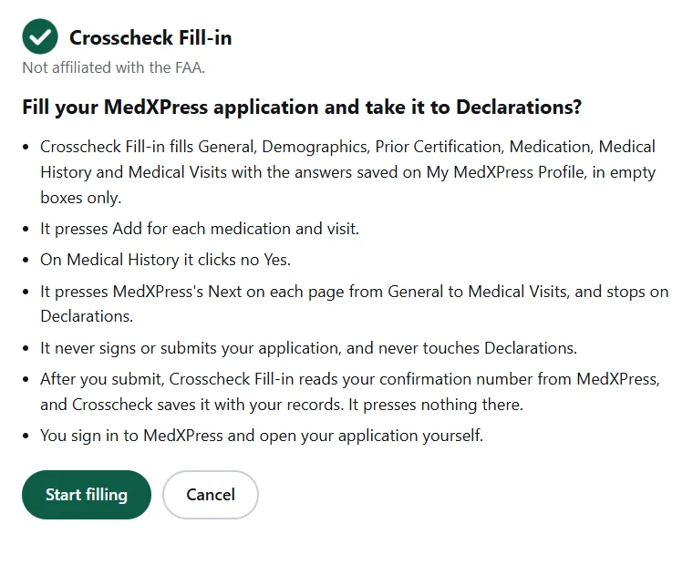 Crosscheck Fill-in's own window at Start: what it will fill, that it presses Add and Next, that it stops at Declarations and never signs or submits, with Start filling and Cancel.