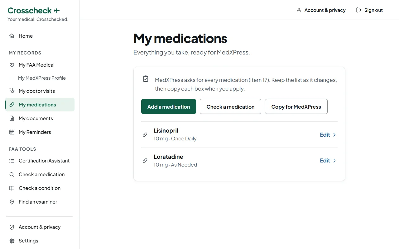 My medications: two made-up medications, each with its dose and how often it is taken, with Add a medication, Check a medication and Copy for MedXPress.
