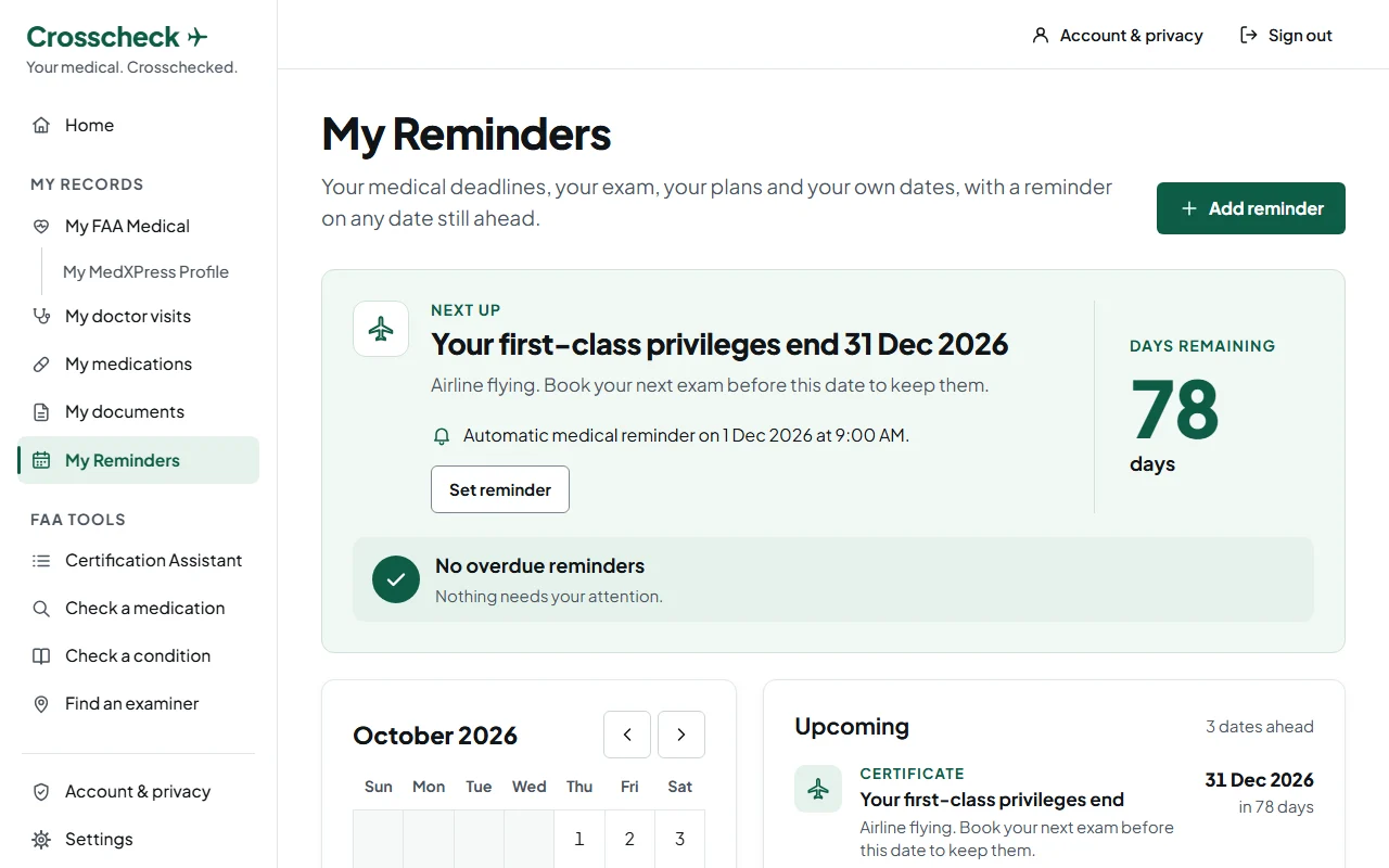 My Reminders: next up, the day first-class privileges end, then the upcoming dates by month. The dates are made up.